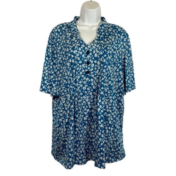 Tops - Hocosit Size XL Blouse Pleated Button Front Floral Print Short Ruffle Sleeve‎